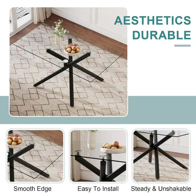 Large Modern Minimalist Rectangular Glass Dining Table for 6-8 with 0.39  Tempered Glass Tabletop and Black color Metal Legs