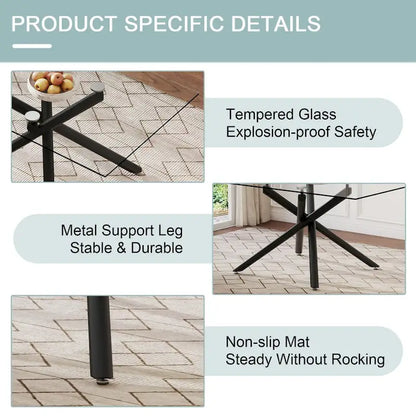 Large Modern Minimalist Rectangular Glass Dining Table for 6-8 with 0.39  Tempered Glass Tabletop and Black color Metal Legs