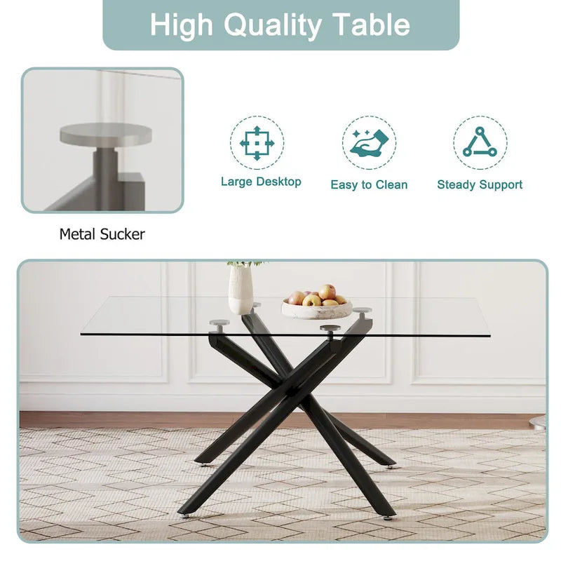 Large Modern Minimalist Rectangular Glass Dining Table for 6-8 with 0.39  Tempered Glass Tabletop and Black color Metal Legs