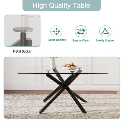 Large Modern Minimalist Rectangular Glass Dining Table for 6-8 with 0.39  Tempered Glass Tabletop and Black color Metal Legs