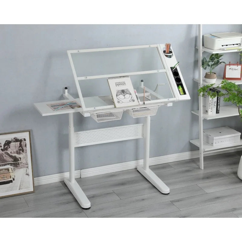Hand Crank Adjustable Drafting Drawing Table with Stool and 2 Drawers