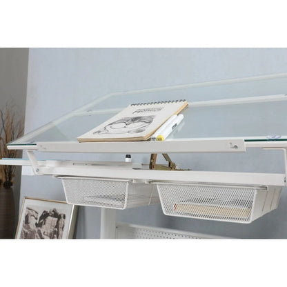 Hand Crank Adjustable Drafting Drawing Table with Stool and 2 Drawers