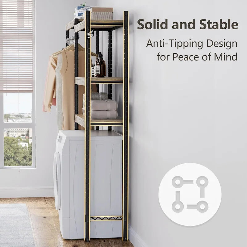 5 Tier Wood Over The Washer and Dryer Storage Shelf with Drying Clothes Racks Laundry Room Shelf Organization and Storage