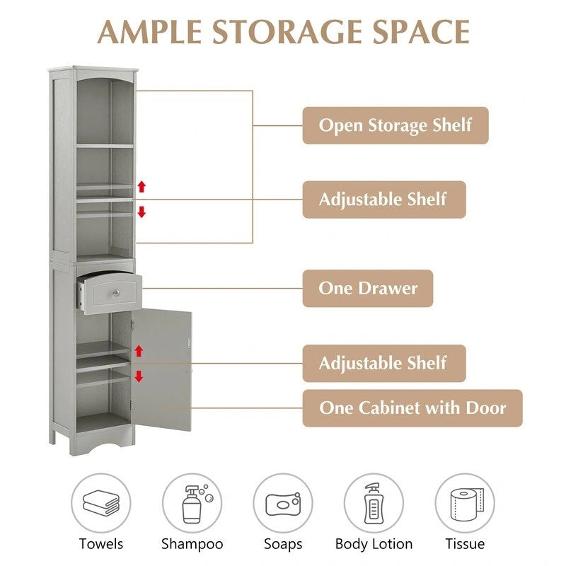 67  Tall Bathroom Organizers and Cabinet, Freestanding Storage Cabinet with Drawer, Door and Adjustable Shelves