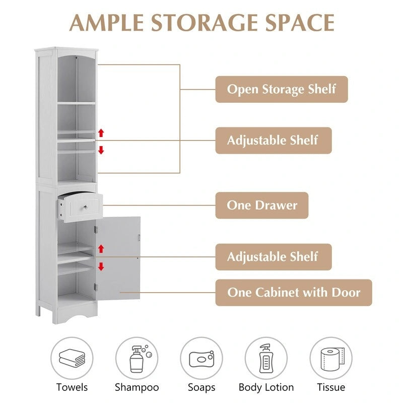 67  Tall Bathroom Organizers and Cabinet, Freestanding Storage Cabinet with Drawer, Door and Adjustable Shelves