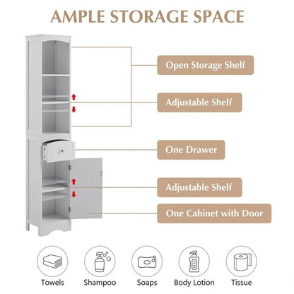 67  Tall Bathroom Organizers and Cabinet, Freestanding Storage Cabinet with Drawer, Door and Adjustable Shelves