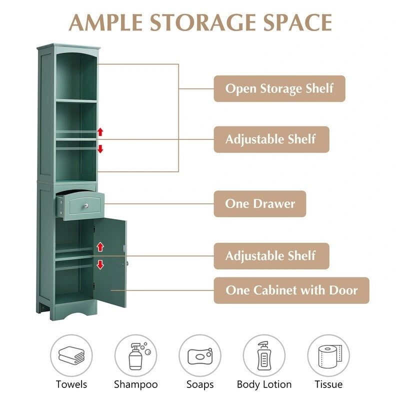 67  Tall Bathroom Organizers and Cabinet, Freestanding Storage Cabinet with Drawer, Door and Adjustable Shelves