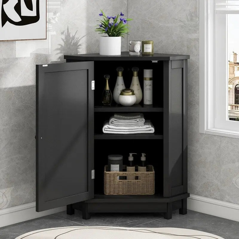 Grondin Modern Style Wooden Triangle Corner Accent Storage Cabinet with Interior Adjustable Shelves for Living Room Bathroom