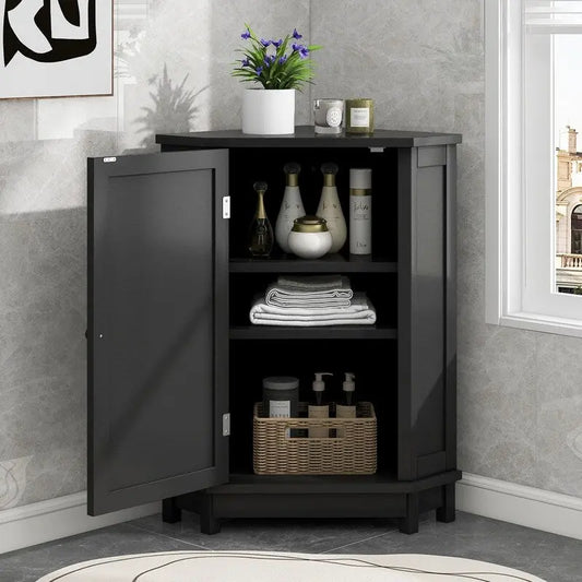 Grondin Modern Style Wooden Triangle Corner Accent Storage Cabinet with Interior Adjustable Shelves for Living Room Bathroom