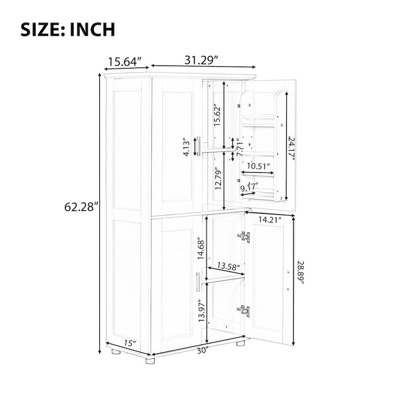 Tall and Wide Bathroom Freestanding Floor Storage Cabinet with 4 Doors, Adjustable Shelves