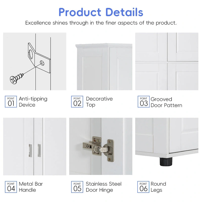 Tall and Wide Bathroom Freestanding Floor Storage Cabinet with 4 Doors, Adjustable Shelves