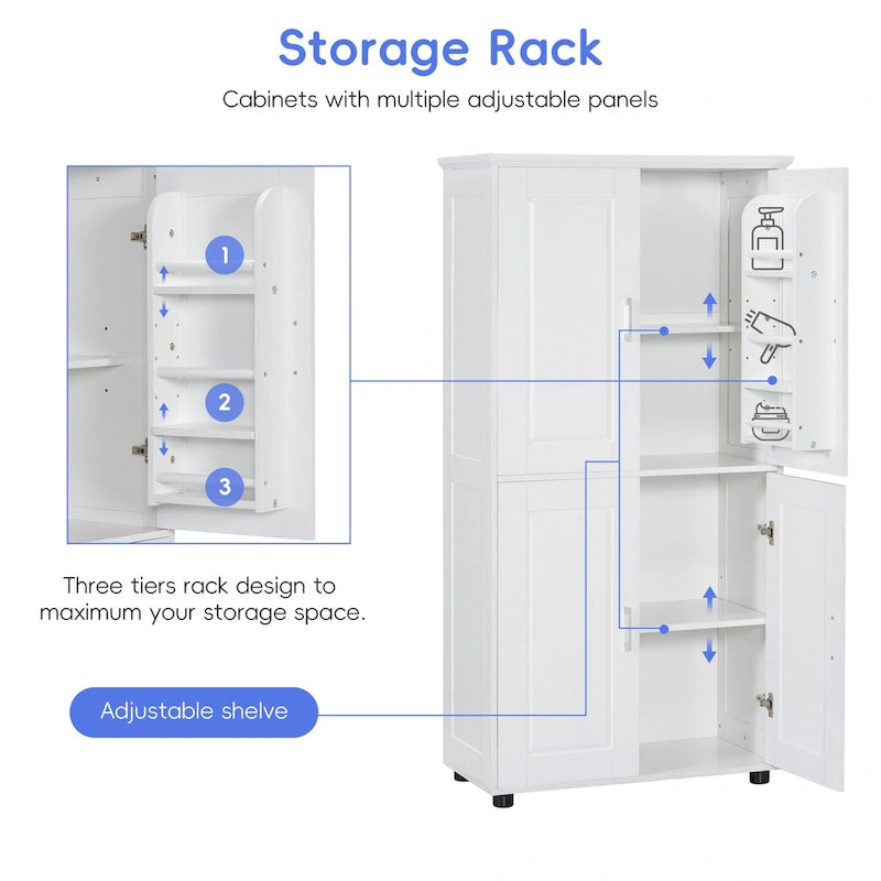 Tall and Wide Bathroom Freestanding Floor Storage Cabinet with 4 Doors, Adjustable Shelves