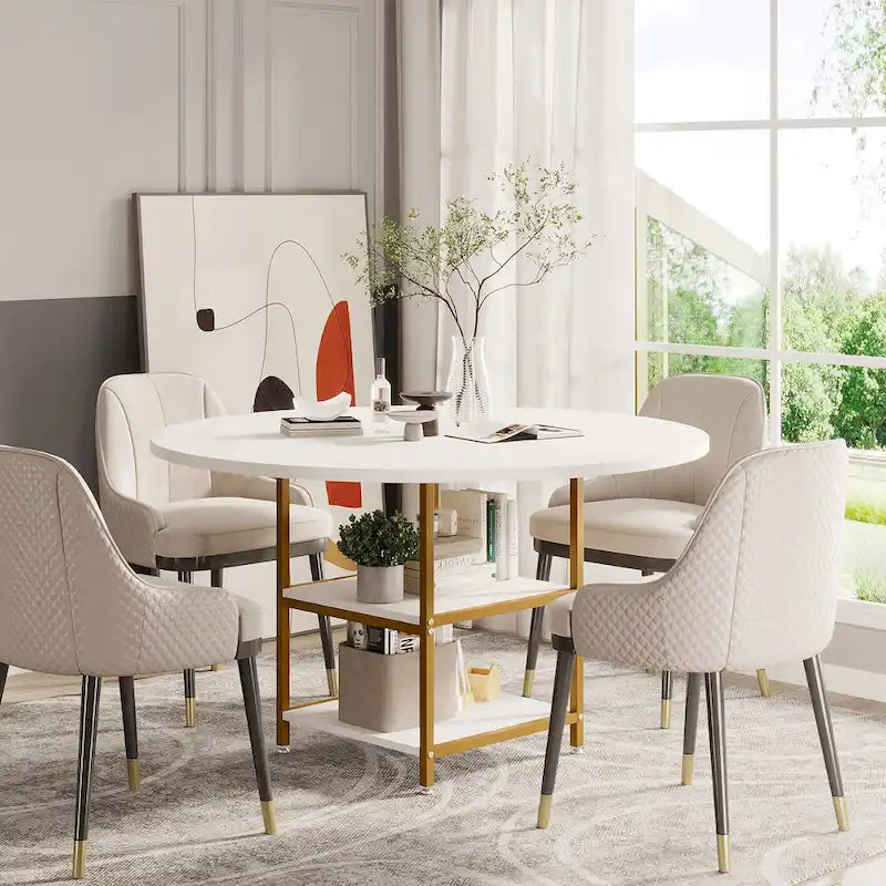 47 Inches Round Dining Table for 4 People Kitchen Tables Dinner Table with 2-Tier Storage Shelves