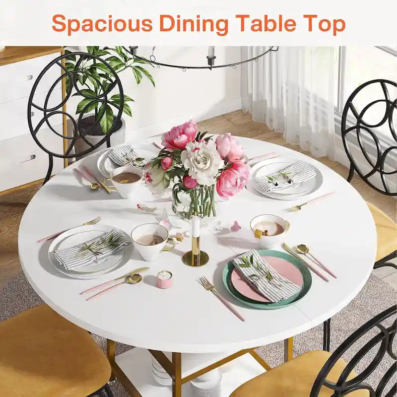 47 Inches Round Dining Table for 4 People Kitchen Tables Dinner Table with 2-Tier Storage Shelves