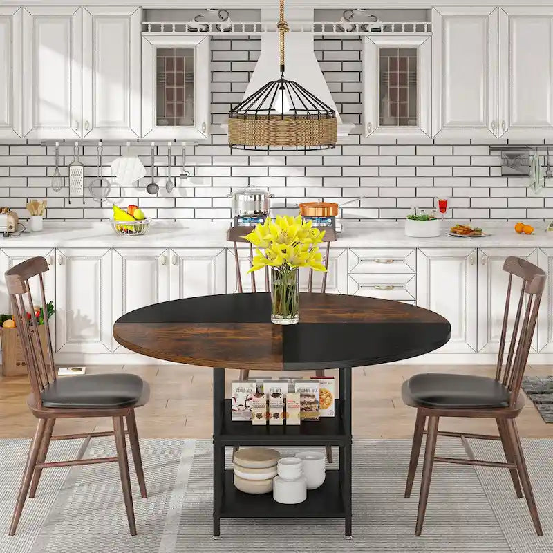 47 Inches Round Dining Table for 4 People Kitchen Tables Dinner Table with 2-Tier Storage Shelves