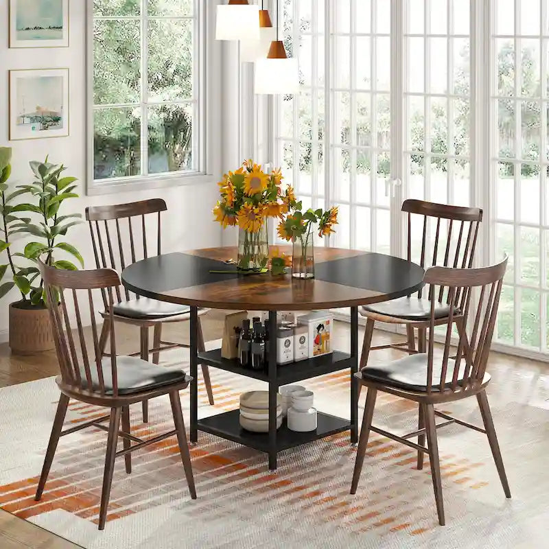 47 Inches Round Dining Table for 4 People Kitchen Tables Dinner Table with 2-Tier Storage Shelves
