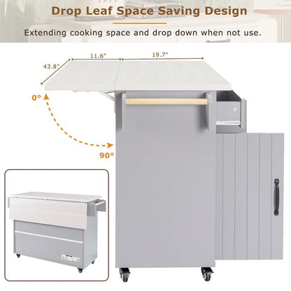 51 in. W Rolling Kitchen Island Cart with Drop Leaf and Tilt-out Trash Can