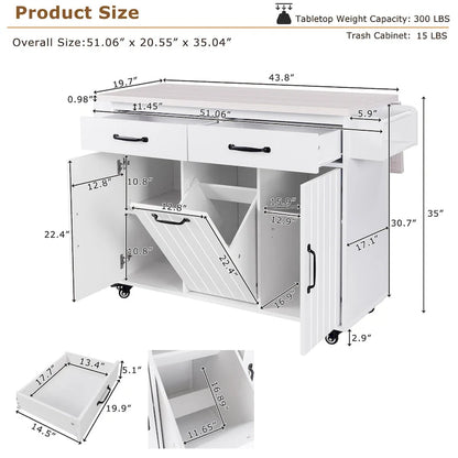 51 in. W Rolling Kitchen Island Cart with Drop Leaf and Tilt-out Trash Can
