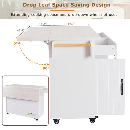 51 in. W Rolling Kitchen Island Cart with Drop Leaf and Tilt-out Trash Can