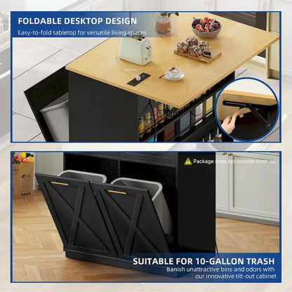 Moasis Kitchen Island Drop Leaf Double Tilt Out Trash Cabinet with Power Outlet & Wheels