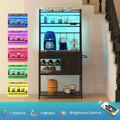 HOMCOM Baker's Rack with Power Outlet and LED Lights, Coffee Bar with Storage Shelves, Industrial Microwave Stand