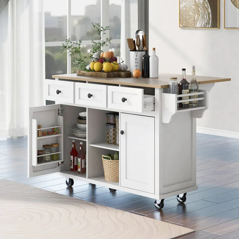 Oaks Aura 5-wheel White Kitchen Cart, Rubberwood Drop-Leaf Countertop, Internal storage racks, 3-drawer Storage Cabinet