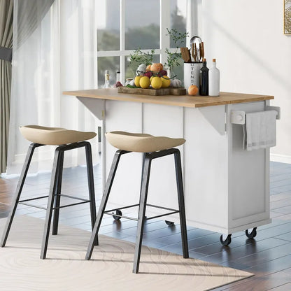 Oaks Aura 5-wheel White Kitchen Cart, Rubberwood Drop-Leaf Countertop, Internal storage racks, 3-drawer Storage Cabinet