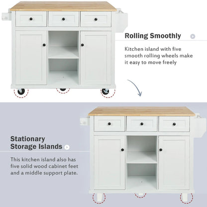 Oaks Aura 5-wheel White Kitchen Cart, Rubberwood Drop-Leaf Countertop, Internal storage racks, 3-drawer Storage Cabinet