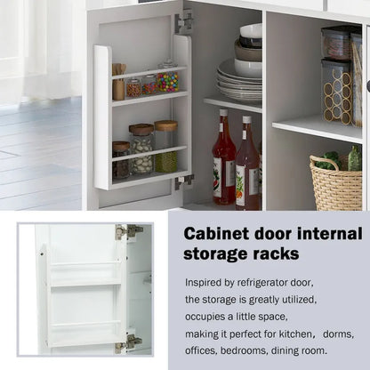Oaks Aura 5-wheel White Kitchen Cart, Rubberwood Drop-Leaf Countertop, Internal storage racks, 3-drawer Storage Cabinet