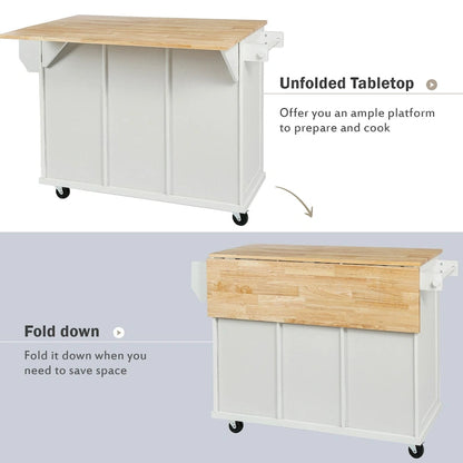 Oaks Aura 5-wheel White Kitchen Cart, Rubberwood Drop-Leaf Countertop, Internal storage racks, 3-drawer Storage Cabinet