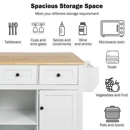 Oaks Aura 5-wheel White Kitchen Cart, Rubberwood Drop-Leaf Countertop, Internal storage racks, 3-drawer Storage Cabinet