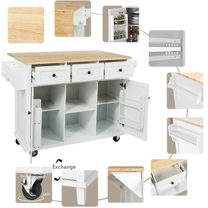 Oaks Aura 5-wheel White Kitchen Cart, Rubberwood Drop-Leaf Countertop, Internal storage racks, 3-drawer Storage Cabinet