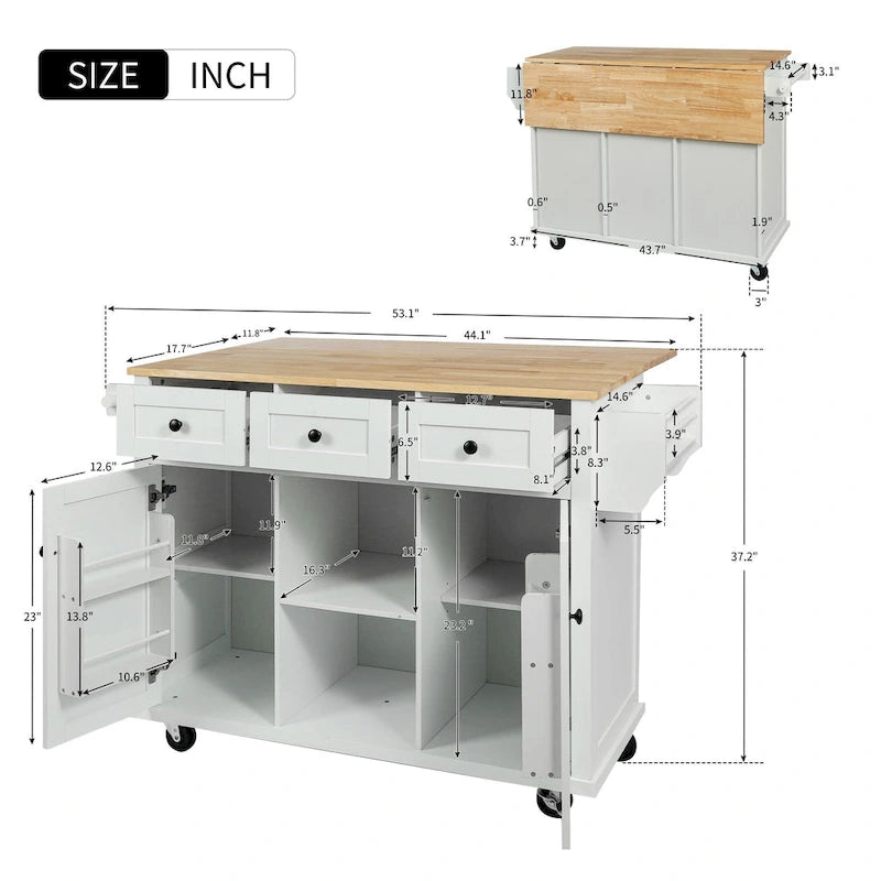 Oaks Aura 5-wheel White Kitchen Cart, Rubberwood Drop-Leaf Countertop, Internal storage racks, 3-drawer Storage Cabinet