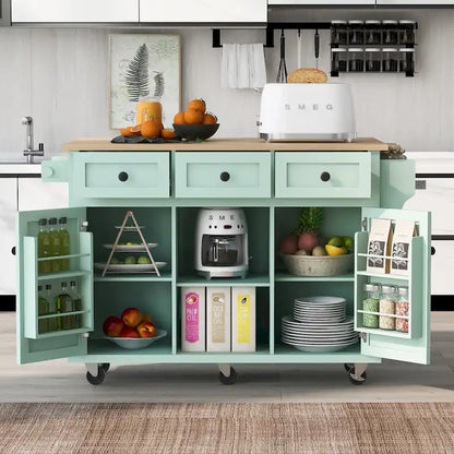 Oaks Aura 5-wheel White Kitchen Cart, Rubberwood Drop-Leaf Countertop, Internal storage racks, 3-drawer Storage Cabinet