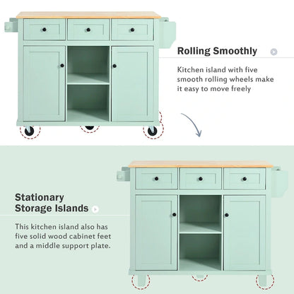 Oaks Aura 5-wheel White Kitchen Cart, Rubberwood Drop-Leaf Countertop, Internal storage racks, 3-drawer Storage Cabinet