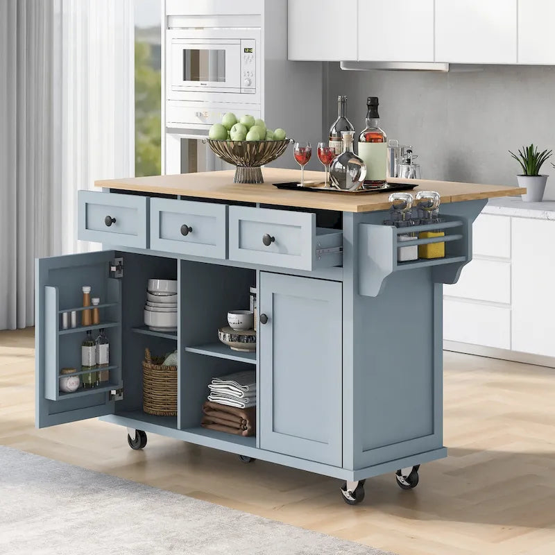 Oaks Aura 5-wheel White Kitchen Cart, Rubberwood Drop-Leaf Countertop, Internal storage racks, 3-drawer Storage Cabinet
