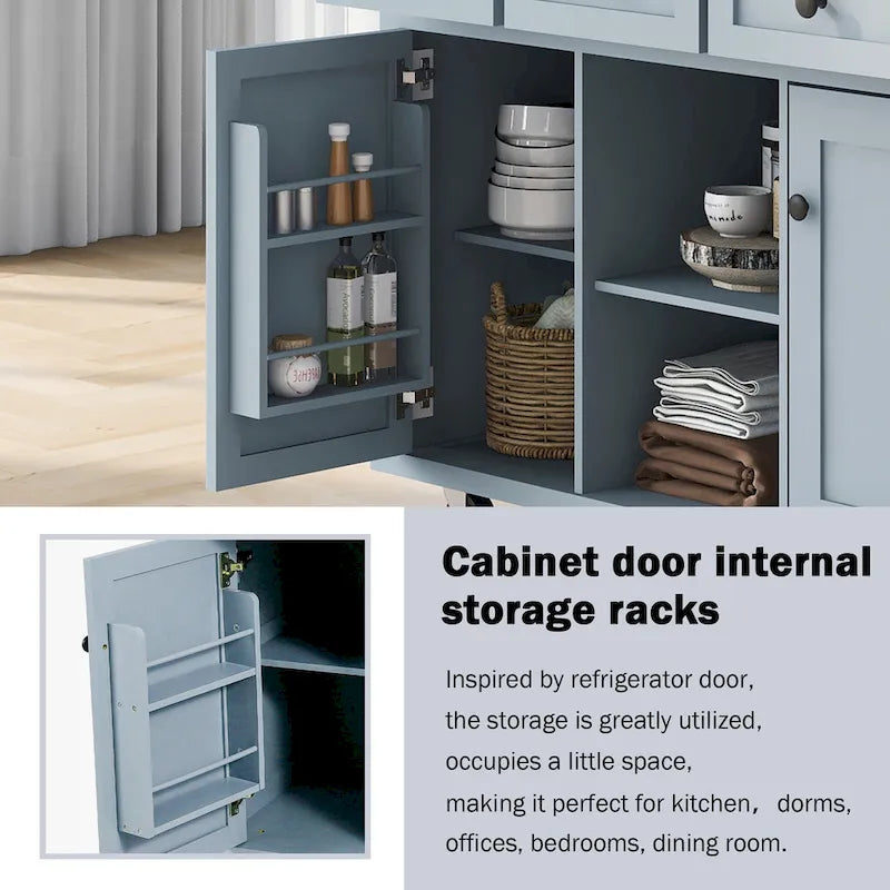 Oaks Aura 5-wheel White Kitchen Cart, Rubberwood Drop-Leaf Countertop, Internal storage racks, 3-drawer Storage Cabinet