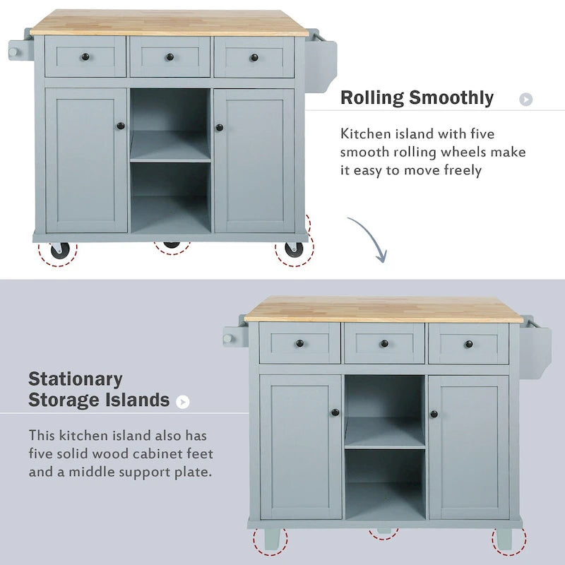 Oaks Aura 5-wheel White Kitchen Cart, Rubberwood Drop-Leaf Countertop, Internal storage racks, 3-drawer Storage Cabinet