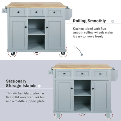 Oaks Aura 5-wheel White Kitchen Cart, Rubberwood Drop-Leaf Countertop, Internal storage racks, 3-drawer Storage Cabinet