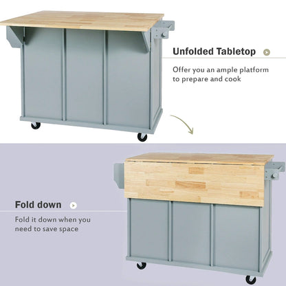 Oaks Aura 5-wheel White Kitchen Cart, Rubberwood Drop-Leaf Countertop, Internal storage racks, 3-drawer Storage Cabinet