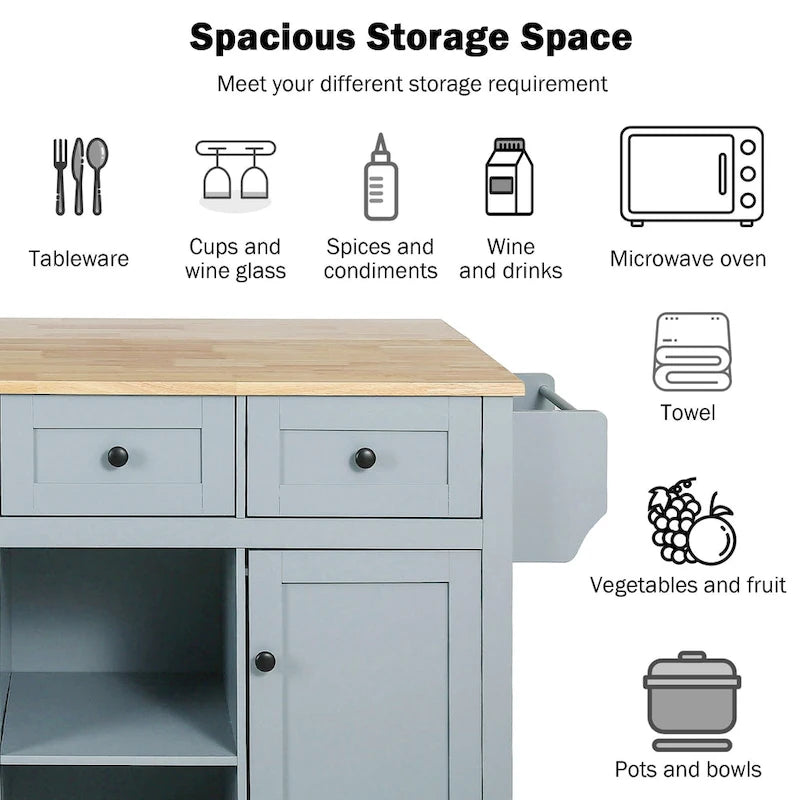 Oaks Aura 5-wheel White Kitchen Cart, Rubberwood Drop-Leaf Countertop, Internal storage racks, 3-drawer Storage Cabinet