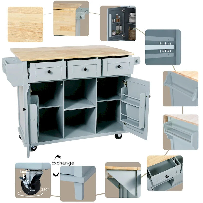 Oaks Aura 5-wheel White Kitchen Cart, Rubberwood Drop-Leaf Countertop, Internal storage racks, 3-drawer Storage Cabinet