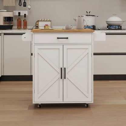 Kitchen Island Rolling Trolley Cart with Adjustable Shelves & Rubber Wood table top