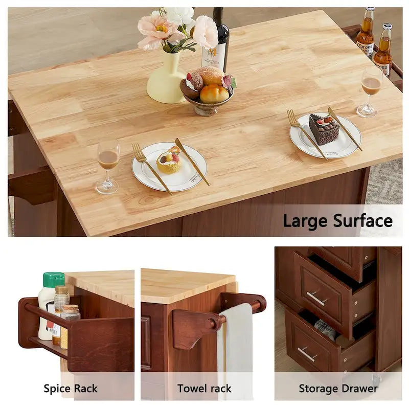 53.8 in. W Rolling Kitchen Island with Internal Storage Rack and Three Drawers