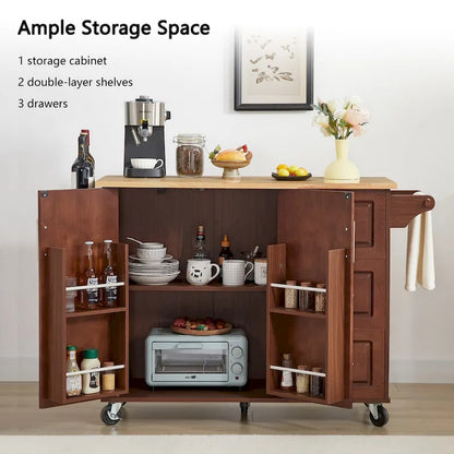 Kitchen Island with Drop Leaf Countertop,Rolling Kitchen Island Cart,Barn Door Kitchen Island Table with Storage Cabinet