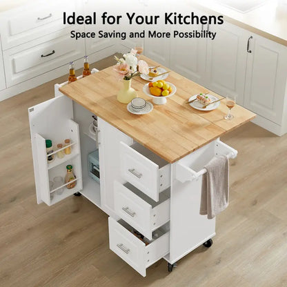 Rolling Kitchen Island with Drop Leaf Countertop,Barn Door Kitchen Island Table with Storage Cabinet and Tower Rack