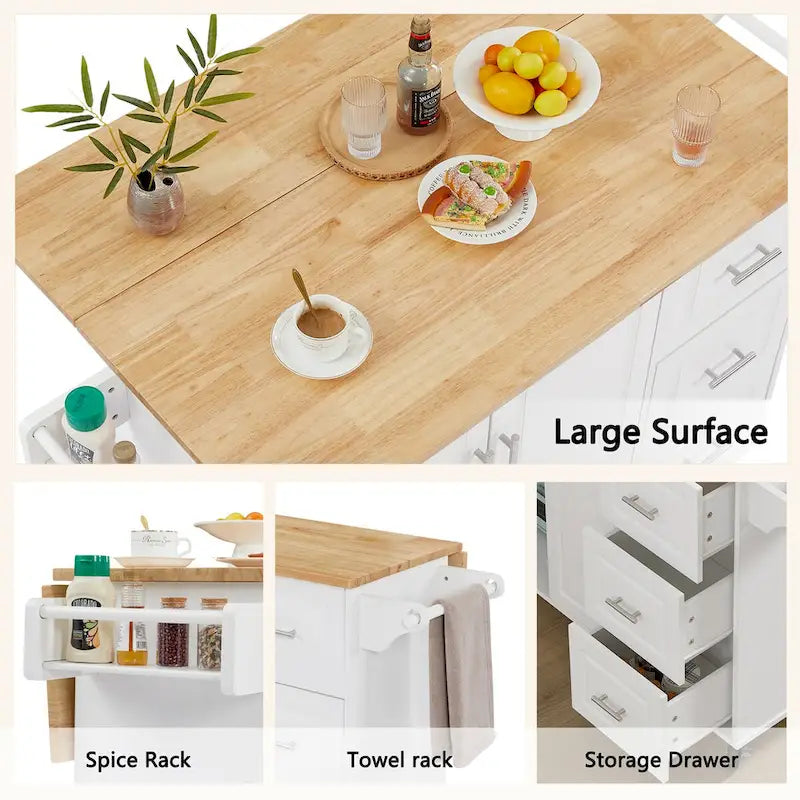 Rolling Kitchen Island with Drop Leaf Countertop,Barn Door Kitchen Island Table with Storage Cabinet and Tower Rack