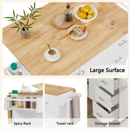 Rolling Kitchen Island with Drop Leaf Countertop,Barn Door Kitchen Island Table with Storage Cabinet and Tower Rack