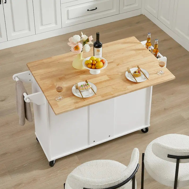 Rolling Kitchen Island with Drop Leaf Countertop,Barn Door Kitchen Island Table with Storage Cabinet and Tower Rack