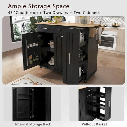 Kitchen Island with Drop Leaf,Kitchen Storage Cart with 3 Tier Pull Out Cabinet Organizer,Kitchen Cart on Wheels with Towel Rack